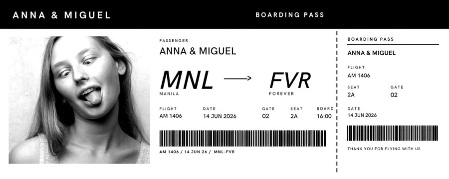 Wide receipt print styled as a wedding boarding pass